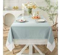 Mesnt Nappe Tissu Rectangulaire, Polyester Couleur Unie avec Bords en Dentelle Nappe Anti-tâche Protection de Table pour Salle à Mangerr, Jardin, Bleu Clair, 150 x 300 cm