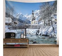 Mesnt Tapisserie de Montagne, Scène de Neige sur Une rivière de Montagne Décoration Murale pour Chambre à Coucher, Salon, Maison | Bleu Vert Marron, 150x150cm