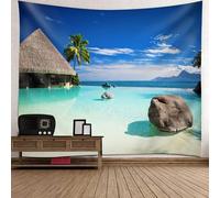 Mesnt Tapisserie Murales, Paysage de Bord de mer dans Une chaumière Naturel Tapisserie Murale à Suspendre pour Chambre Dortoir Fête | Bleu Vert, 200x200cm