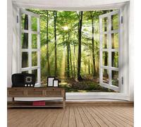 Mesnt Tenture Murale Nature, Fenêtre Blanche avec Paysage forestier Naturel à l'extérieur Tapisseries Decoration pour Maison Salon Chambre Dortoir, 150x130cm