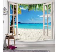 Mesnt Tenture Murale, Plage de mer, Tapisserie de Nature, Plage de Mee, Palmier, décoration de Chambre esthétique, Tapisserie de Serviette Murale (Bleu Blanc, 350 x 256 cm)