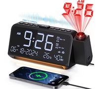 Mesqool Radio Réveil Projecteur de Plafond avec Projecteur 320°, Mode Jours Ouvrables/Week-End, 2 Alarmes, Chargeur USB de Type C, FM, Variateur d'intensité, Température, Humidité, Snooze, 12/24H