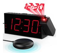 Mesqool Réveil Vibrant à Grand Affichage à LED, Reveil Projecteur Plafond | Réveil Numérique pour Chambre pour Sourd et Gros Dormeur, 180° Horloge Projecteur, Charge USB, Variateur d'Intensité, 12/24H