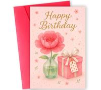 Message d'anniversaire avec motif floral aquarelle classique, élégant coffret cadeau rose avec détails en feuille d'or, intérieur vierge pour messages personnalisés, taille standard avec enveloppe de