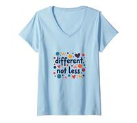 Message différent Not Less Special Education Inclusion T-Shirt avec Col en V, Femme, Bleu Céleste, M