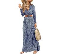MessBebe Femmes bohème imprimé Robe Longue col en V Manches Longues Haute Ceinture Automne Robe d'été Bleu S