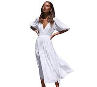 MessBebe Robe décontractée pour femme - Col en V - Manches bouffantes - Couleur unie - Élégante - Taille haute - Robe maxi, Blanc., M