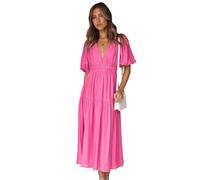 MessBebe Robe élégante pour femme - Col en V - Manches courtes bouffantes - Couleur unie - Robe maxi - Taille haute - Robe de fête décontractée - Robe d'été décontractée - XXL