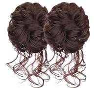Messie Bun Hair Piece 2pcs Volumineux chair de cheveux chair Bun Scrunchie Wavy Curly Synthetic Hair Extensions Band élastique pour femmes, Bridal Hairstyle Dark Brown, Hair Extensions