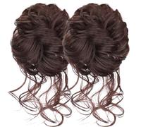 Messie Bun Hair Piece 2pcs Volumineux chair de temps chair Scrunchie Wavy Curly Synthetic Hair Extensions Band élastique pour femmes, coiffure de mariée brun foncé ..