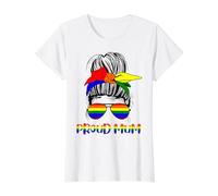 Messy Bun Proud Mum Pride Flag Love LGBT Lunettes de Soleil Arc-en-Ciel T-Shirt Graphique avec Valeur, Femme, Blanc, XS