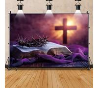 Mestiker Toile de fond en forme de croix de Jésus-Christ, bannière religieuse de Pâques violette avec Bible ouverte et couronne d'épines, fond de photographie avec lumière sacrée, accessoires de