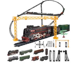 MetaHrystynx Ensemble de train de Noël télécommandé, modèle de train de Noël électrique avec chariot de luxe et longue voie, lumière et son LED, cadeau de train d'arbre de Noël pour adolescents et