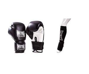 Metal Boxe MB200 Gants de Boxe Noir 14 oz & MB153 Protège-Tibias/Pieds Noir Taille L