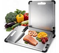 Metal Chopping Boards for Kitchens, Stainless Steel Board (39 × 28 cm) | Premium stainless steel | built-in knife sharpener | non-slip silicone corners | juice groove | dishwasher safe