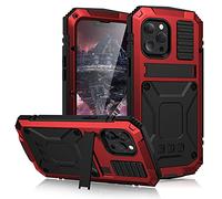 Métal Coque pour iPhone 13 Pro Max, Outdoor Heavy Duty Tough Armor Metal Militaire Case Intégré Ecran Anti-Poussière Antichoc Full Body Cover avec Béquille (iPhone 13 Pro Max, Rouge)