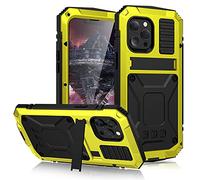 Métal Coque pour iPhone 13 Pro, Outdoor Heavy Duty Tough Armor Metal Militaire Case Intégré Ecran Anti-Poussière Antichoc Full Body Cover avec Béquille (iPhone 13 Pro, Jaune)
