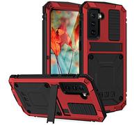 Métal Coque pour Samsung Galaxy S21, Outdoor Heavy Duty Tough Armor Metal Militaire Case Intégré Ecran Anti-Poussière Antichoc Full Body Cover avec Béquille pour Samsung Galaxy S21 6,2 pouce (Rouge)