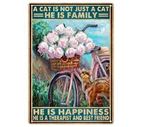 Metal Sign Plaque Un Chat n'est Pas qu'un Chat qu'il Est qu'il Est Le Bonheur ?Vélo avec Fleurs Affiche Étain Rétro Pancarte en Métal pour Cadeau Collection Café,20X30Cm