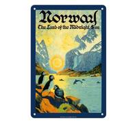 Métal Signes Norvège Le Pays du Soleil De Minuit Fjord Norvégien avec des Macareux Moines Vintage Signes en Étain Résistant À l'usure Et Durable Poster Métallique pour Coopérative Mur 20X30Cm