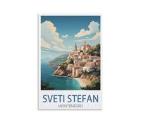 Métal Tin Sign Paysage de la côte du Monténégro de Sveti Stefan Vintage Sign Wall Art Decor Plaque Poster Oeuvre pour la Maison Cuisine Salle de Bains Jardin Cafés Pubs 15x30cm