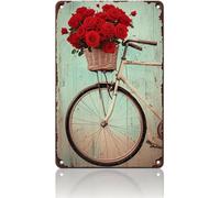 Metal Tin Sign Vélo Vélo Avec Fleur Roses Rouge Maison D'Été The Classics Poster Métallique Pas Facile À Déformer Affiche Métal Pour Bars Club Kitchen 20X30Cm