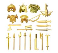 Metalakaerr Lot de 20 kits d'accessoires médiévaux comprenant casques, armures, arcs, épées, lances, haches, compatible avec les grandes marques, doré