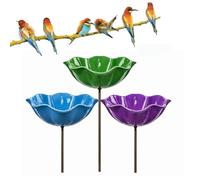 Metall Blume Garten Pfähle Vogeltränke - Handgemachte Bunte Metall Kunst Blume Pfahl mit Biene Bad & Pollinator Bewässerungsstation, wetterfest Mini Vogel Wasser Schüssel (3PC-B)