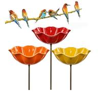 Metall Blume Garten Pfähle Vogeltränke - Handgemachte Bunte Metall Kunst Blume Pfahl mit Biene Bad & Pollinator Bewässerungsstation, wetterfest Mini Vogel Wasser Schüssel (3PC-C)