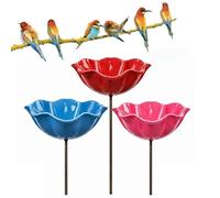 Metall Blume Garten Pfähle Vogeltränke - Handgemachte Bunte Metall Kunst Blume Pfahl mit Biene Bad & Pollinator Bewässerungsstation, wetterfest Mini Vogel Wasser Schüssel (3PC-A)