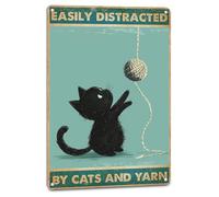Métallique Poster Salle de Couture Vintage au Crochet avec Chat Noir,Étain Mural Signe,Bar,Collection,Plaque Métal,Jardin S