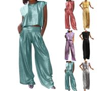 Métallisé Brillant Ensemble Deux Pièces Femme Gilet Et Pantalon Jambe Large 2 Pièces pour Femme Débardeur Haut Top et Pantalon Large Ensemble De Costume pour Fête Discothèque (Mint Green, S)