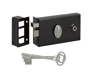 METALUX série 596 - Serrure en applique noire Horizontale Gauche tirant Pêne dormant 1/2 tour avec clé L et gâche 140x82mm