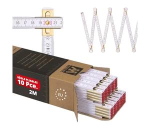 Metrie™ Mètres Pliants Perfekt 10 - Lot de 10x 2m | Blanc | Bois Laqué, Articulations Acier - Graduation Duplex, Fabriqué en UE | Mètres en Bois Robustes & Précis | CE Classe III