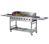 METRO Professional Barbecue à Gaz, Acier Inoxydable, 8 Brûleurs, 32 kW, Puissance 116 000 BTU, 4 Grilles de Cuisson, Roulant, Tables Pliables, Argent