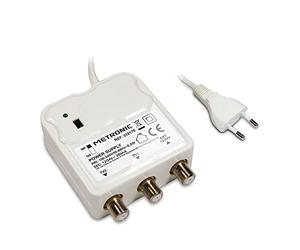 METRONIC 332170 Amplificateur d'Intérieur avec Réglage de Gain, 2 Sorties TV 9,52 mm - Alimentation 12/24V pour ampli TV - Alimentation Secteur - Blanc