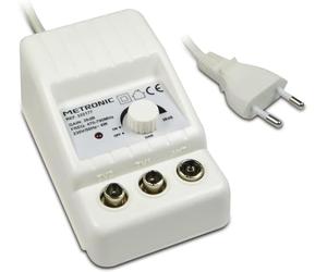 Metronic 332187 Amplificateur TV FM/VHF/UHF numérique terrestre avec Filtre 5G 2x24dB réglable, 1 entrée/2 Sorties, intérieur, 47/694MHz, Blanc