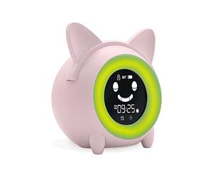 METRONIC 477345 Reveil Enfant Educatif avec Veilleuse Indicateur Jour/Nuit - Horloge Digital - Affichage Temperature - 5 Sons d'Alarme pour Les Réveils du Matin - Rose