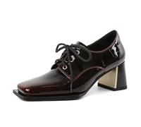 Mettesally Mocassin Femme Cuir Chaussures Talon Femme Confort Chic à Lacets Tige Carrée 6.5cm Bloc Talons Épaissis Cuir Verni Bourgogne Chunky Talons Élégant pour Bureau Soirée et Casual 43EU