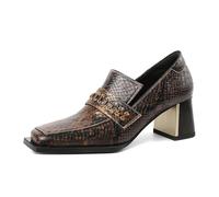 Mettesally Mocassin Femme Cuir Marron Chaussures Talon Femme Confort Chic Slip-on Tige Carrée 6.5cm Bloc Talons Épaissis Imitation Serpent Chunky Talons Élégant pour Bureau Soirée et Casual 35EU