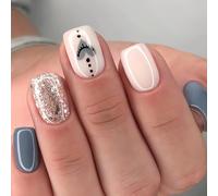 Mettez à jour votre look avec 24pcs de fausses ongles carrées courts avec cœur pailleté blanc & 1 pièce feuille de ruban adhésif & 1 pièce lime à ongles Press on Nails Nail Supplies Blocs de couleurAB