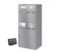 Metzler® boîte à Colis extérieure avec éclairage LED Solaire et Plaque INOX gravée Gris Aluminium RAL 9007 - Double Compartiment sécurisé, Format XXL, 10 Ans de pièces détachées Bispo 2