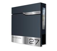 Metzler Boîte aux Lettres Anthracite avec fenêtre de visualisation et Compartiment journaux - Murale avec Plaque Nominative INOX personnalisée gravée au Laser - étanche | Siebert SF