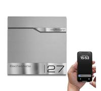 Metzler Boîte aux Lettres Gris Aluminium RAL 9007 avec Notification de courrier et Compartiment journaux - Plaque Nominative INOX personnalisée gravée au Laser - boîte Postale Murale avec capteur
