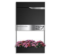 Metzler Boîte aux lettres Noir profond RAL 9005 avec jardinière, range-journaux et numéro de maison, Boîte murale personnalisée avec gravure laser, Boîte postale avec plaque nominative | Siebert Frame