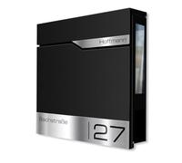 Metzler Boîte aux Lettres Noire RAL 9005 avec fenêtre et Compartiment journaux - Murale avec Plaque Nominative INOX personnalisée gravée - Robuste et résistante aux intempéries | Siebert SF