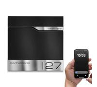 Metzler Boîte aux Lettres Noire RAL 9005 avec Notification de courrier et Compartiment journaux - Plaque de nom INOX personnalisée gravée au Laser - boîte Postale Murale avec capteur de Mouvement