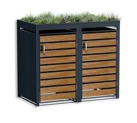 Metzler Box à poubelles 2x240L Anthracite & Aspect Bois avec Toit végétal & Bande de visibilité, Habillage pour 2 bacs avec Couvercle Automatique, Acier poudré Inoxydable, verrouillable