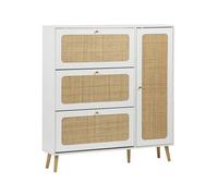 Meuble à chaussure cannage Bohème blanc. 3 abattants. 1 porte. 21 paires. 120 x 24 x 125 cm