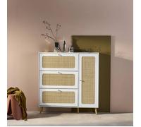 sweeek - Meuble à Chaussure cannage Bohème Blanc. 3 tiroirs. 1 Porte. 21 Paires. 120 x 24 x 125 cm
